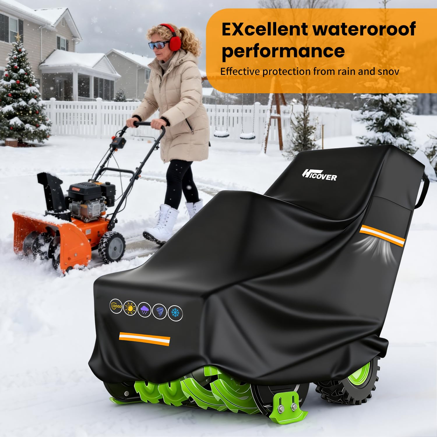 HICOVER snowblower cover vent ports reduce condensation while protecting the machine.
