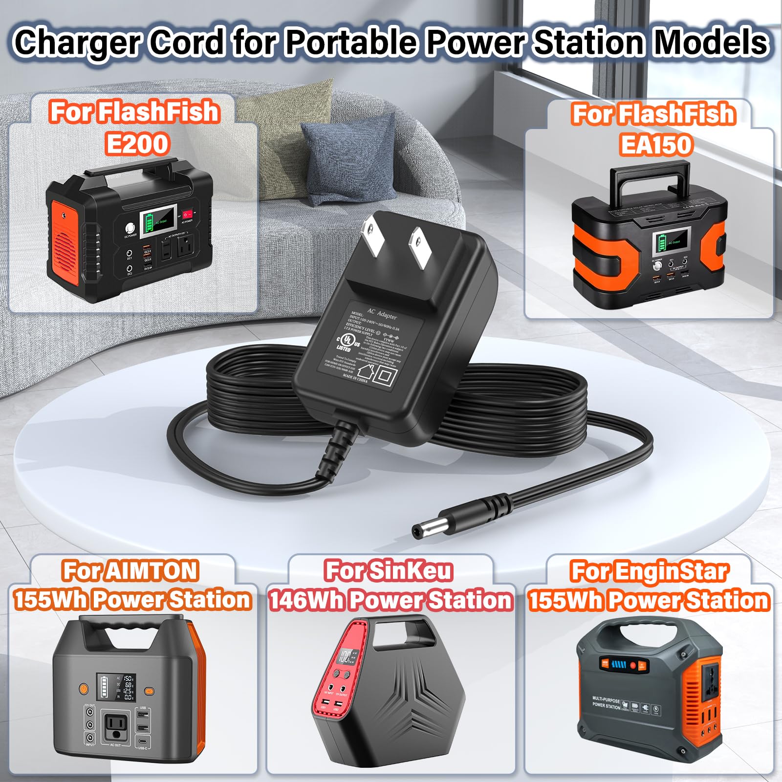 HIENADTOR FlashFish-E200 charger with extended 6 ft cord for flexible use.