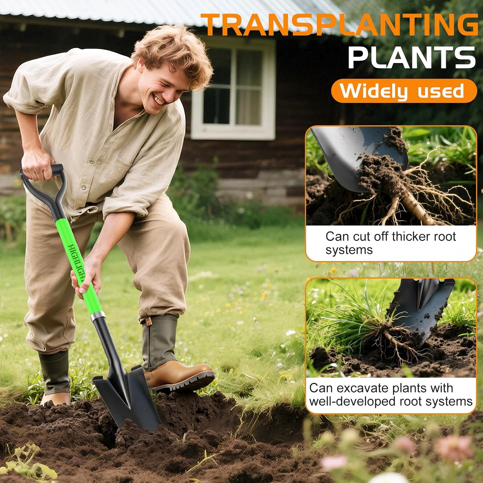 HIGHLIGHT Spade Shovel fiberglass handle offers lightweight durability.