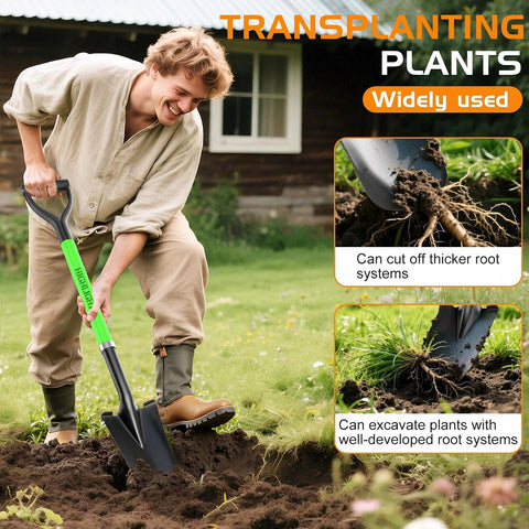 HIGHLIGHT Spade Shovel fiberglass handle offers lightweight durability.