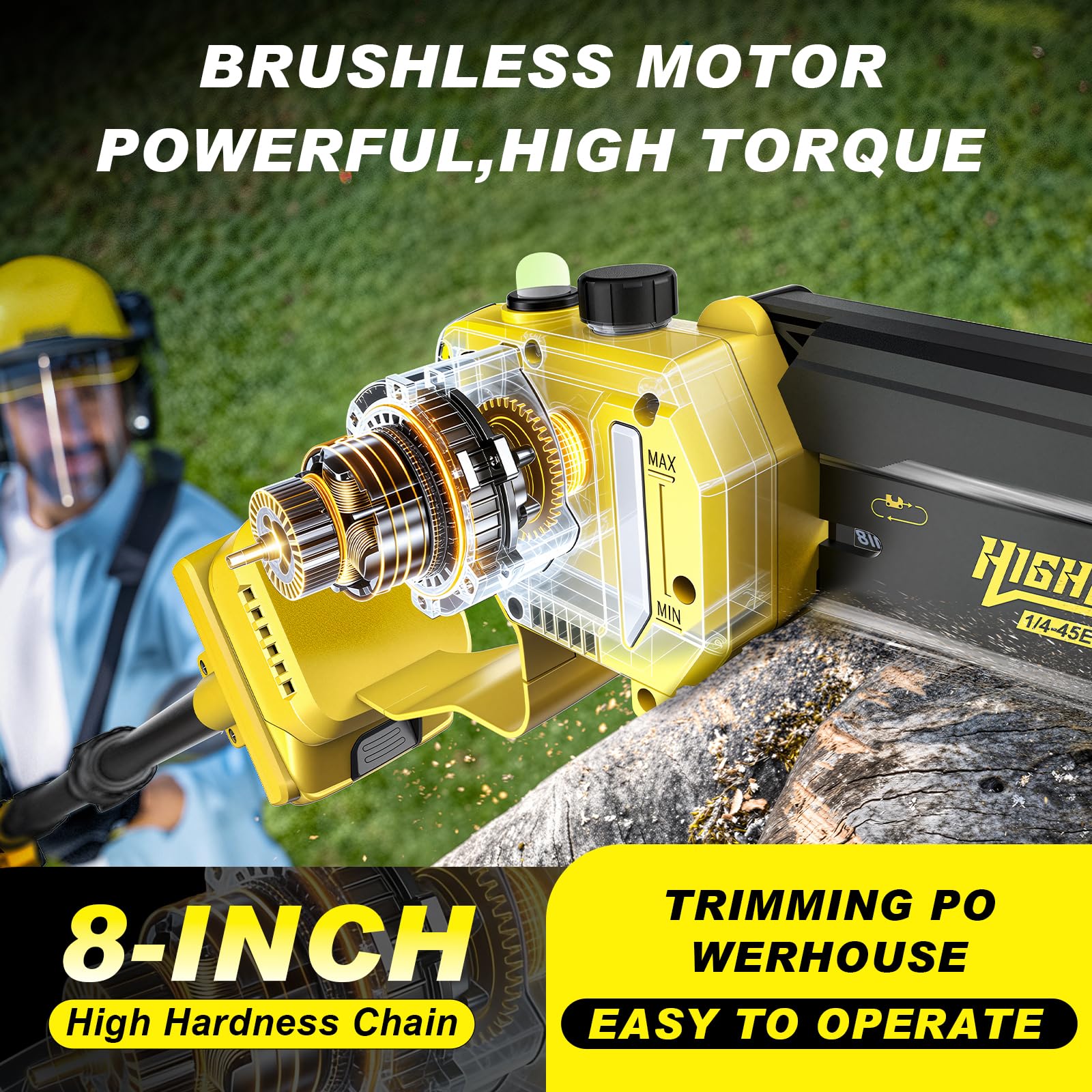 Highsam saw head rotates 180 degrees for flexible cutting angles and reduced wrist strain.