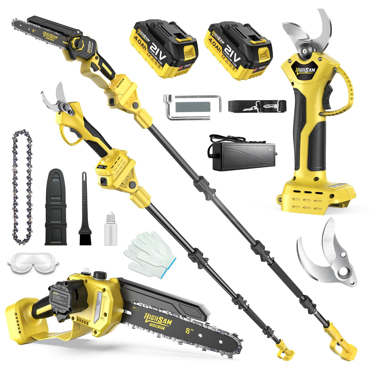 Highsam 4-in-1 pole saw with versatile pruning head for all-height trimming.
