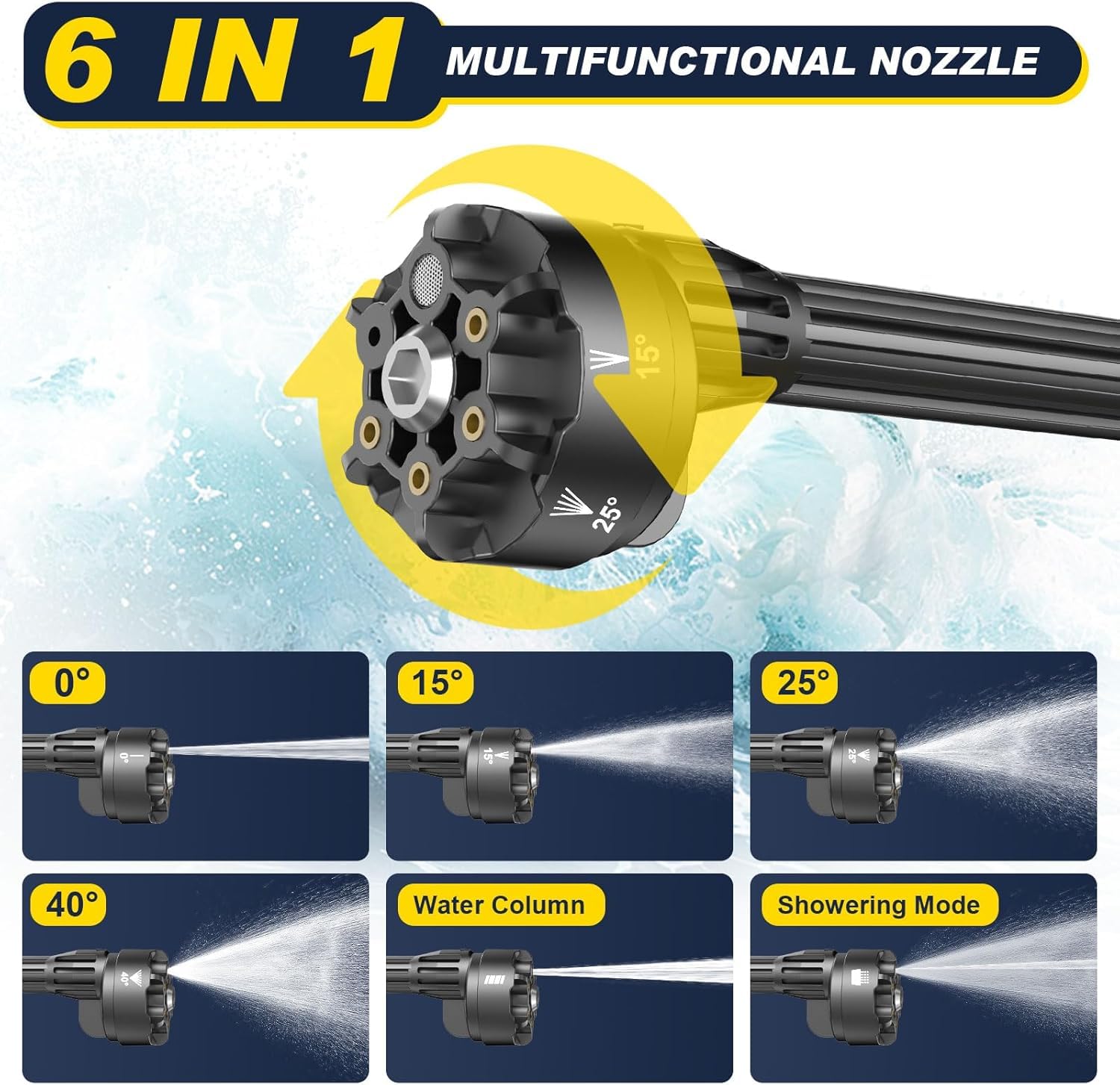 Highsam 6-in-1 nozzle and foam pot in use for versatile cleaning