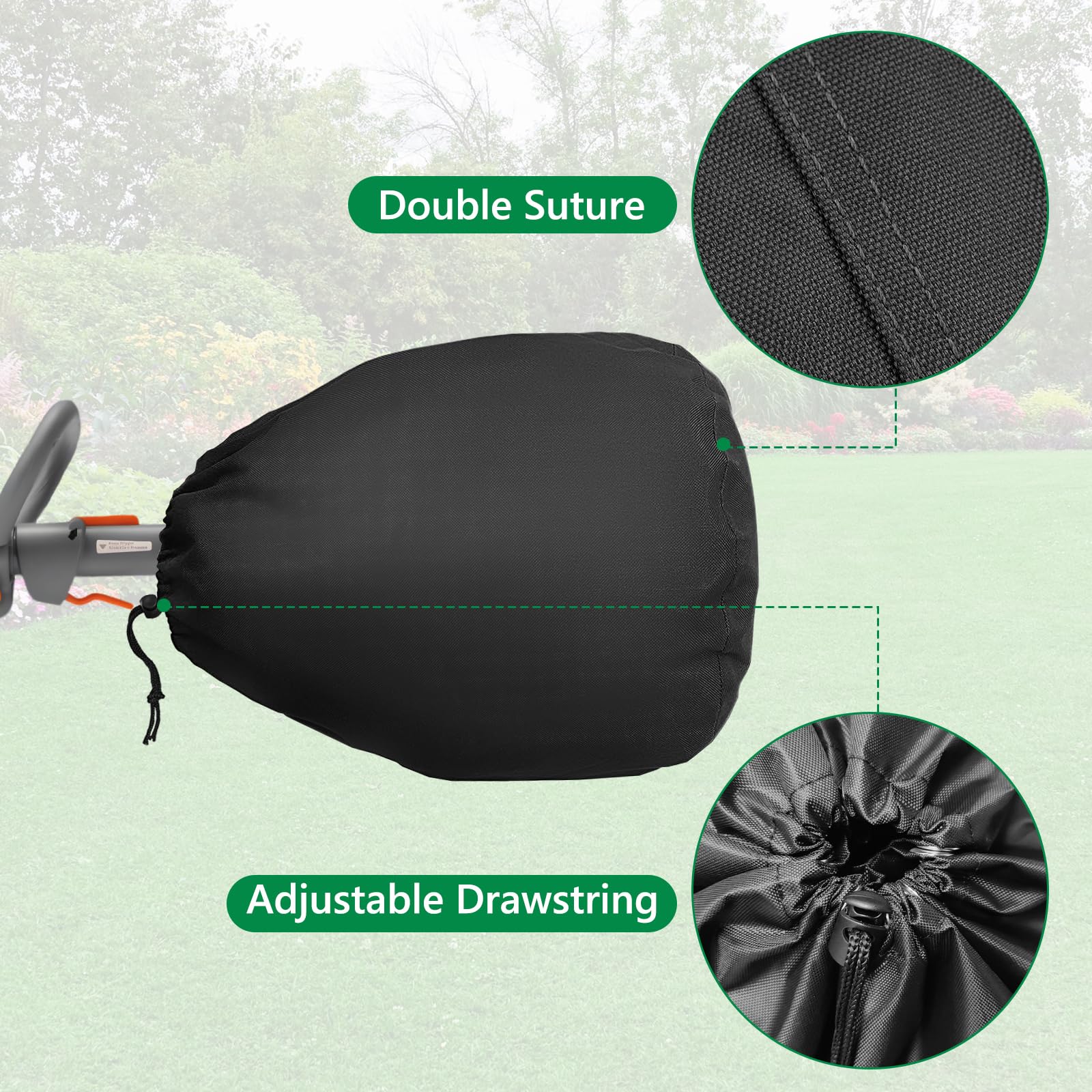 Weatherproof HIGHTQURO cover shields trimmer engine from rain and dust outdoors.