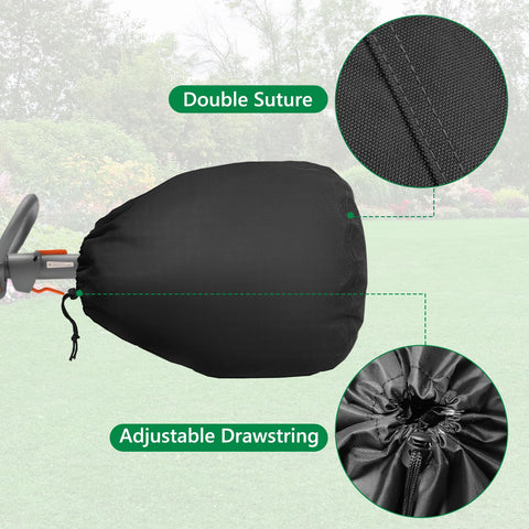 Weatherproof HIGHTQURO cover shields trimmer engine from rain and dust outdoors.
