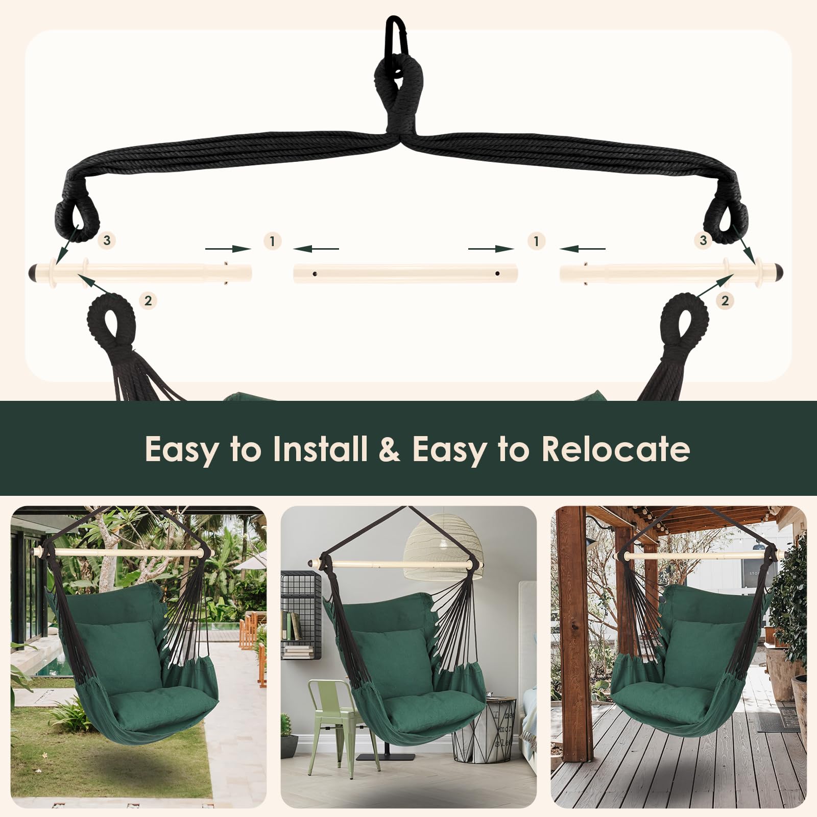 Highwild hammock chair shown in indoor and outdoor spaces for versatile use