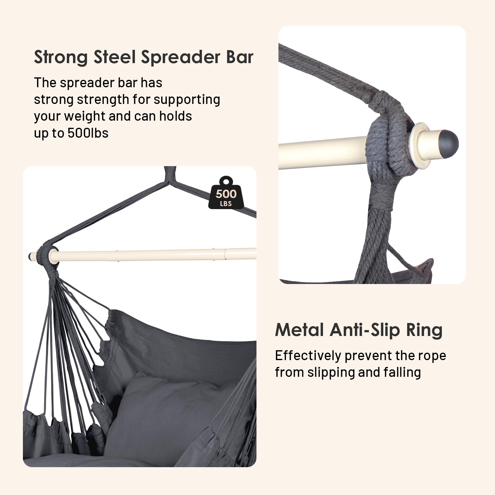 Two cushions accompany the Highwild hammock chair for added comfort.