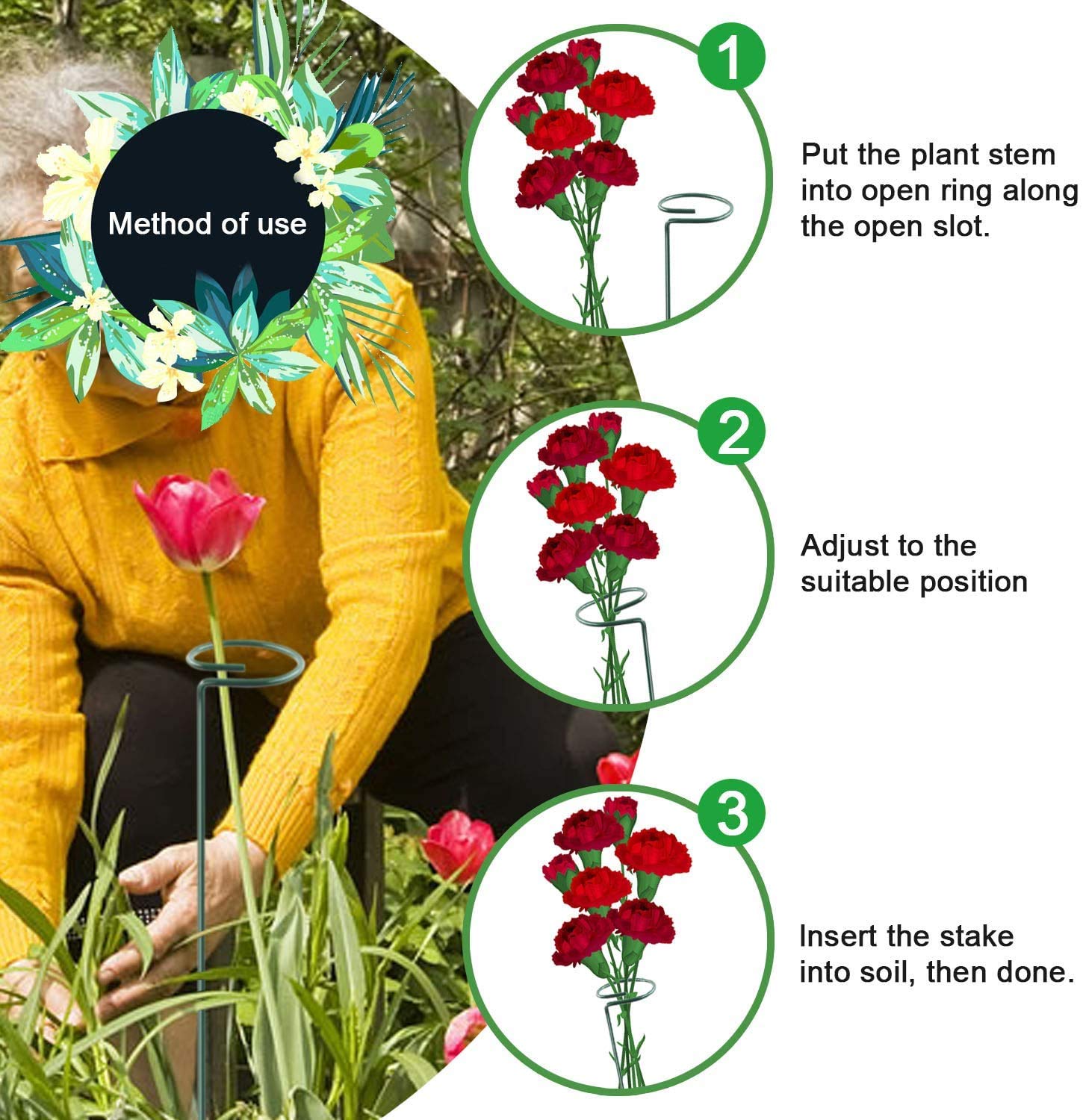 HiGift powder-coated green finish blends with plants for near-invisible support