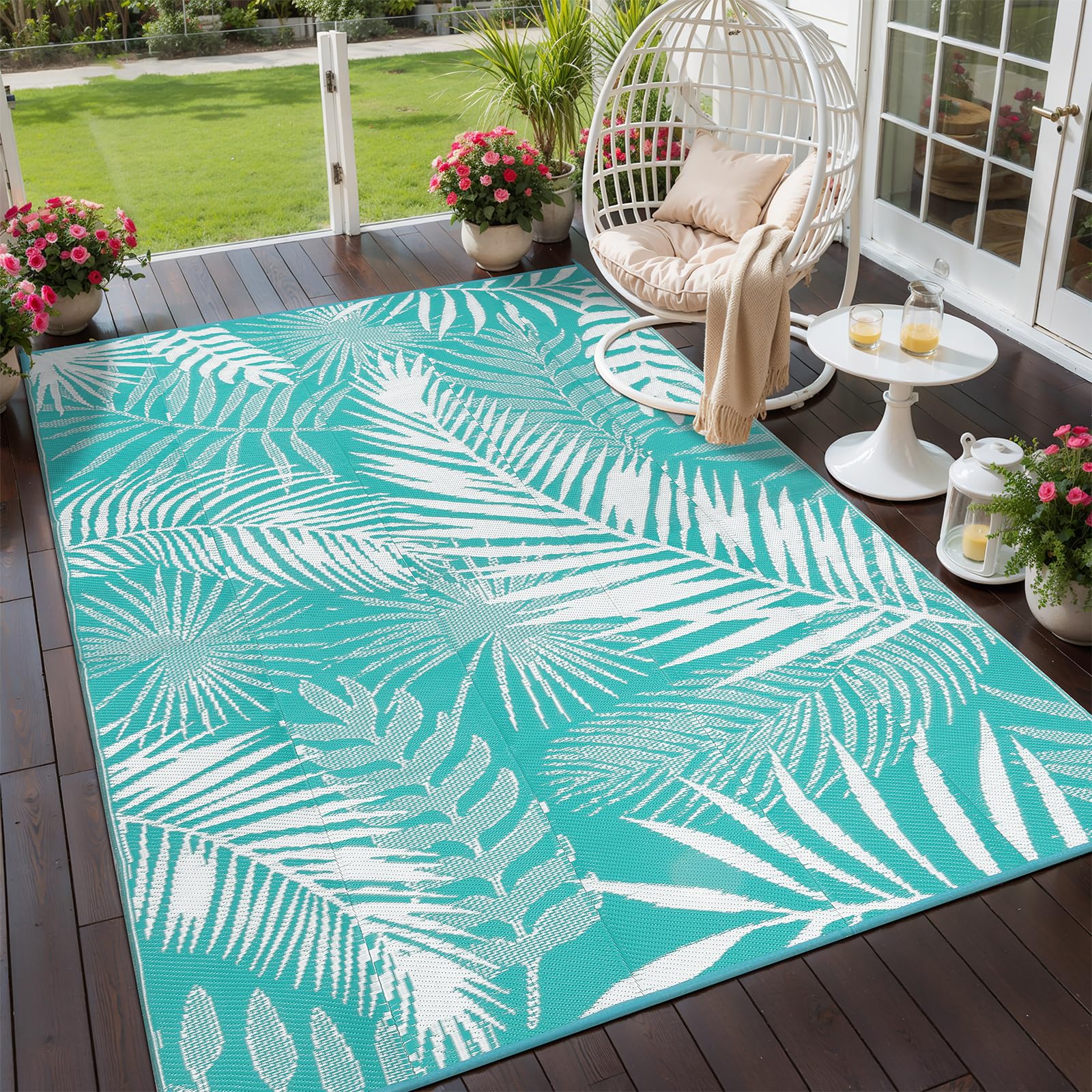 HiiARug 5x7 outdoor rug with reversible palm pattern for flexible patio styling