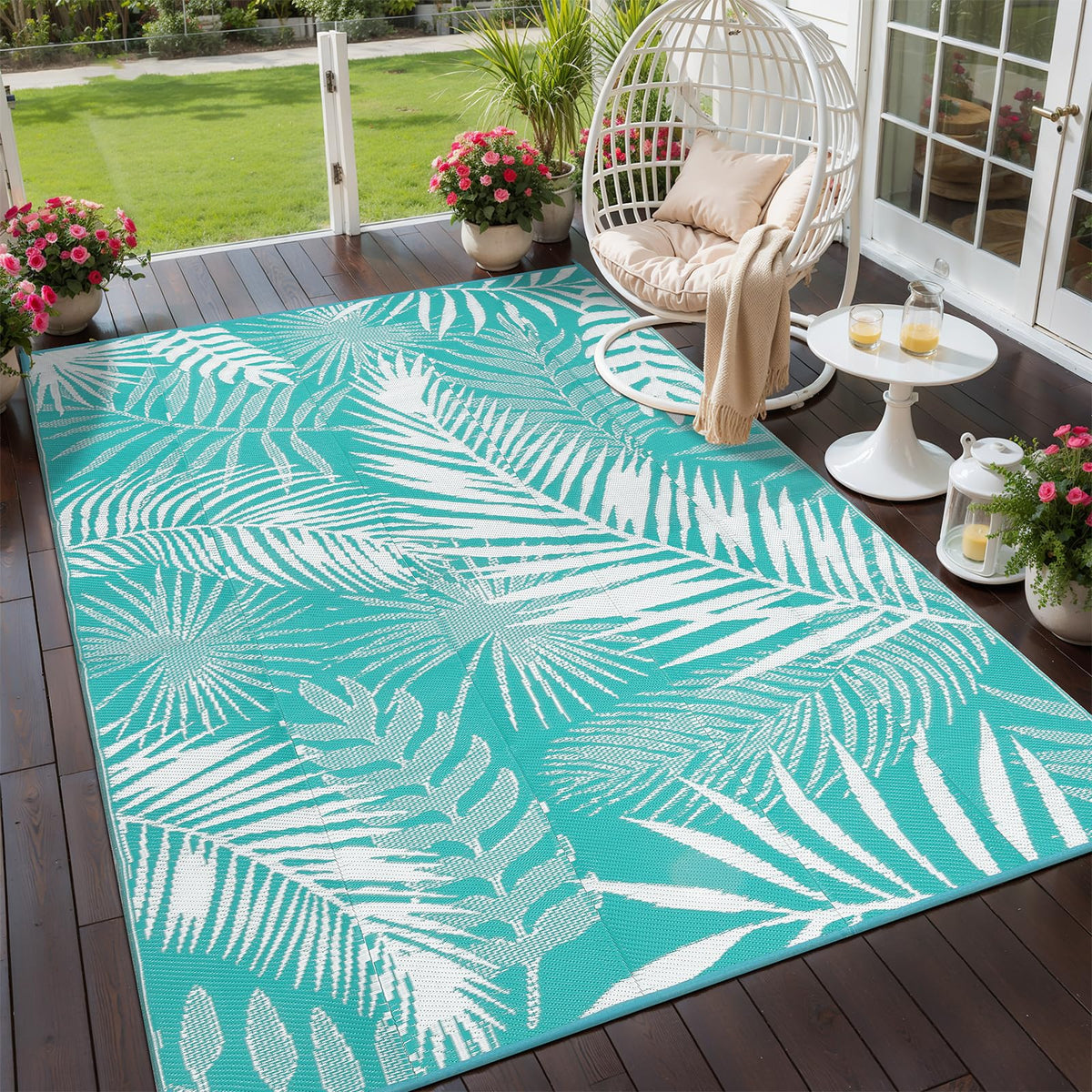 HiiARug 5x7 outdoor rug with reversible palm pattern for flexible patio styling