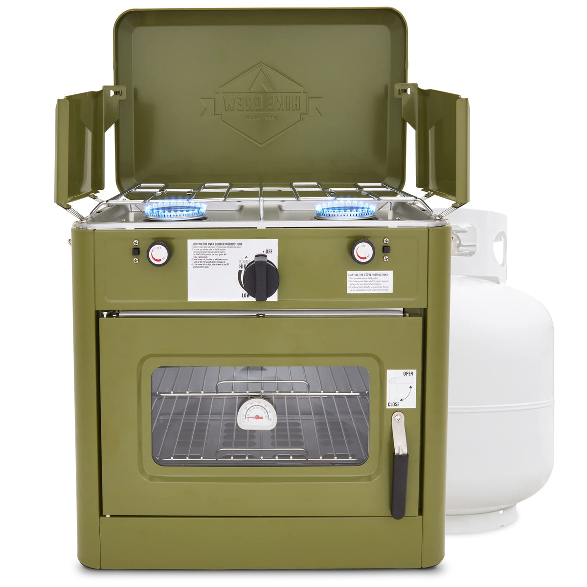 Hike Crew outdoor gas camping oven stove cooking at camp, powerful 2-in-1 appliance.