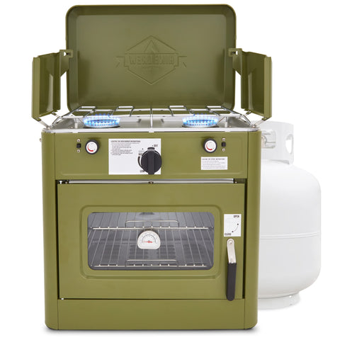 Hike Crew outdoor gas camping oven stove cooking at camp, powerful 2-in-1 appliance.