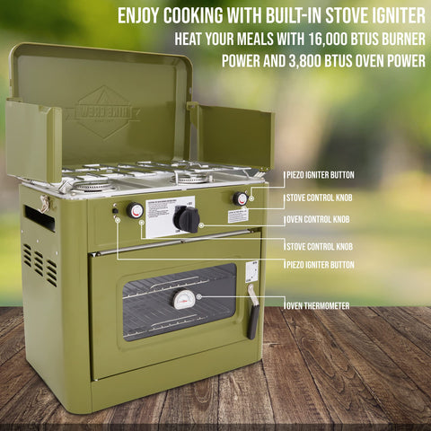 Hike Crew built-in thermometer in oven for precise outdoor baking.