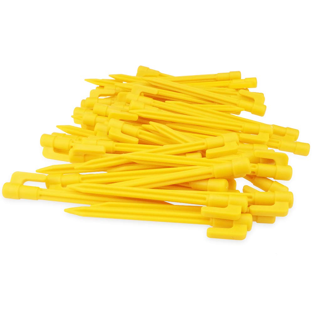 Hikemax 60-pack plastic tent pegs in bright yellow, 5-7 inch length.