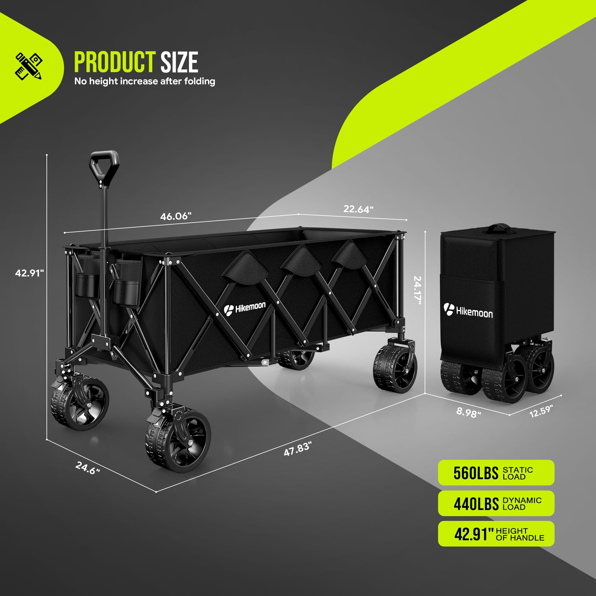 Hikemoon wagon folded compactly for easy storage in car trunk.