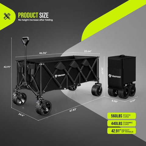 Hikemoon wagon folded compactly for easy storage in car trunk.