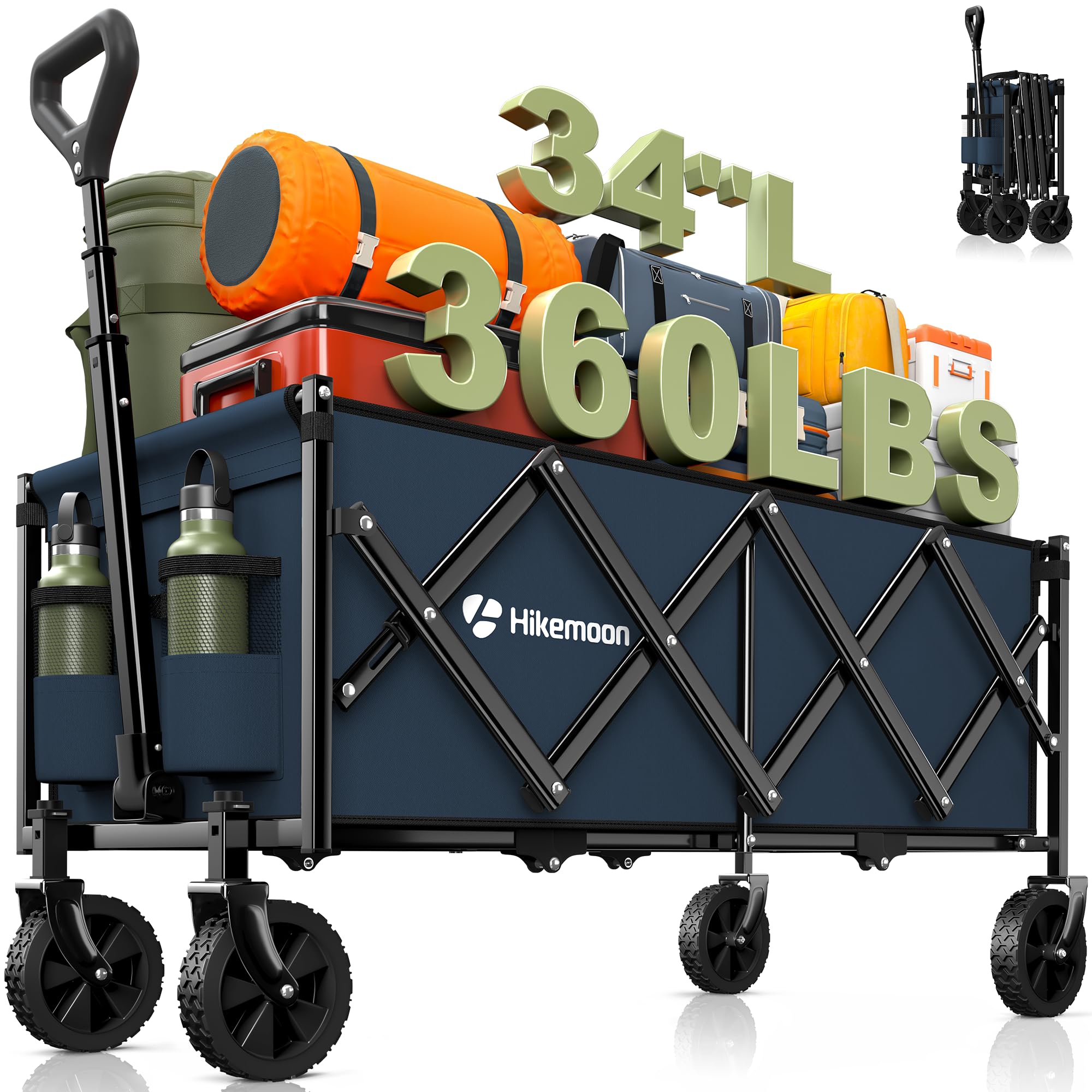 Hikemoon 34-inch extra-long wagon interior space for long gear and tents.