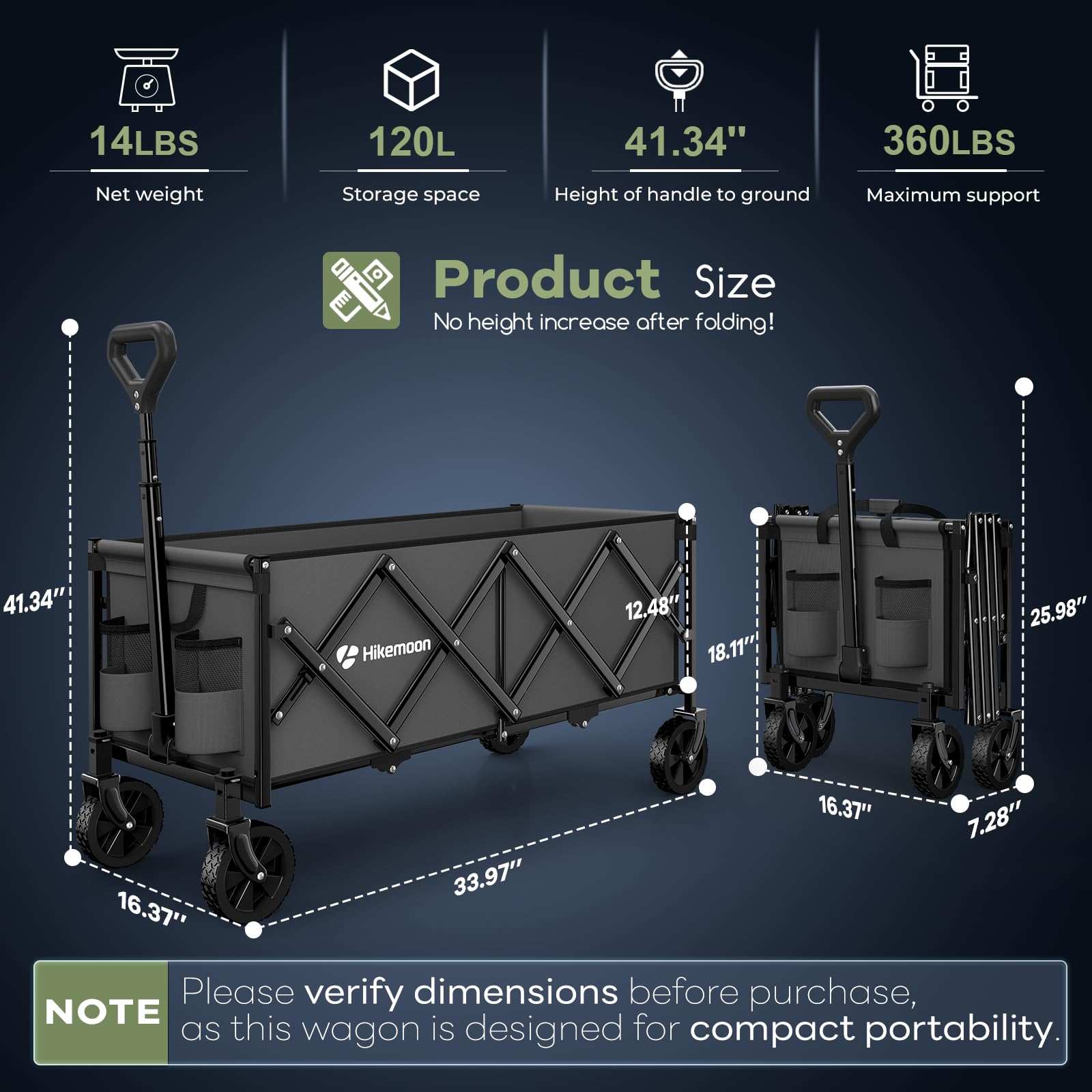 Hikemoon wagon with 360-degree wheels for smooth maneuvering on uneven surfaces.