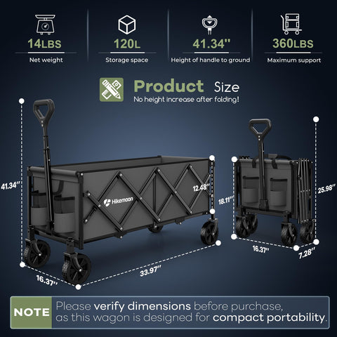 Hikemoon wagon with 360-degree wheels for smooth maneuvering on uneven surfaces.