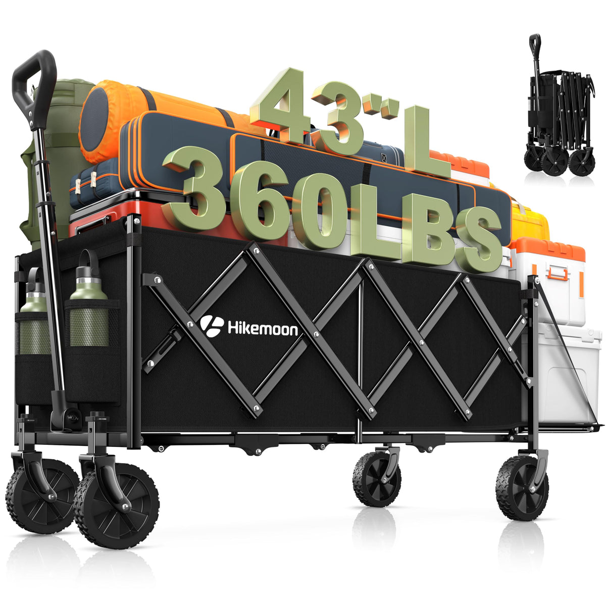 Hikemoon 43in wagon with extended tailgate for long loads and canopy fits.