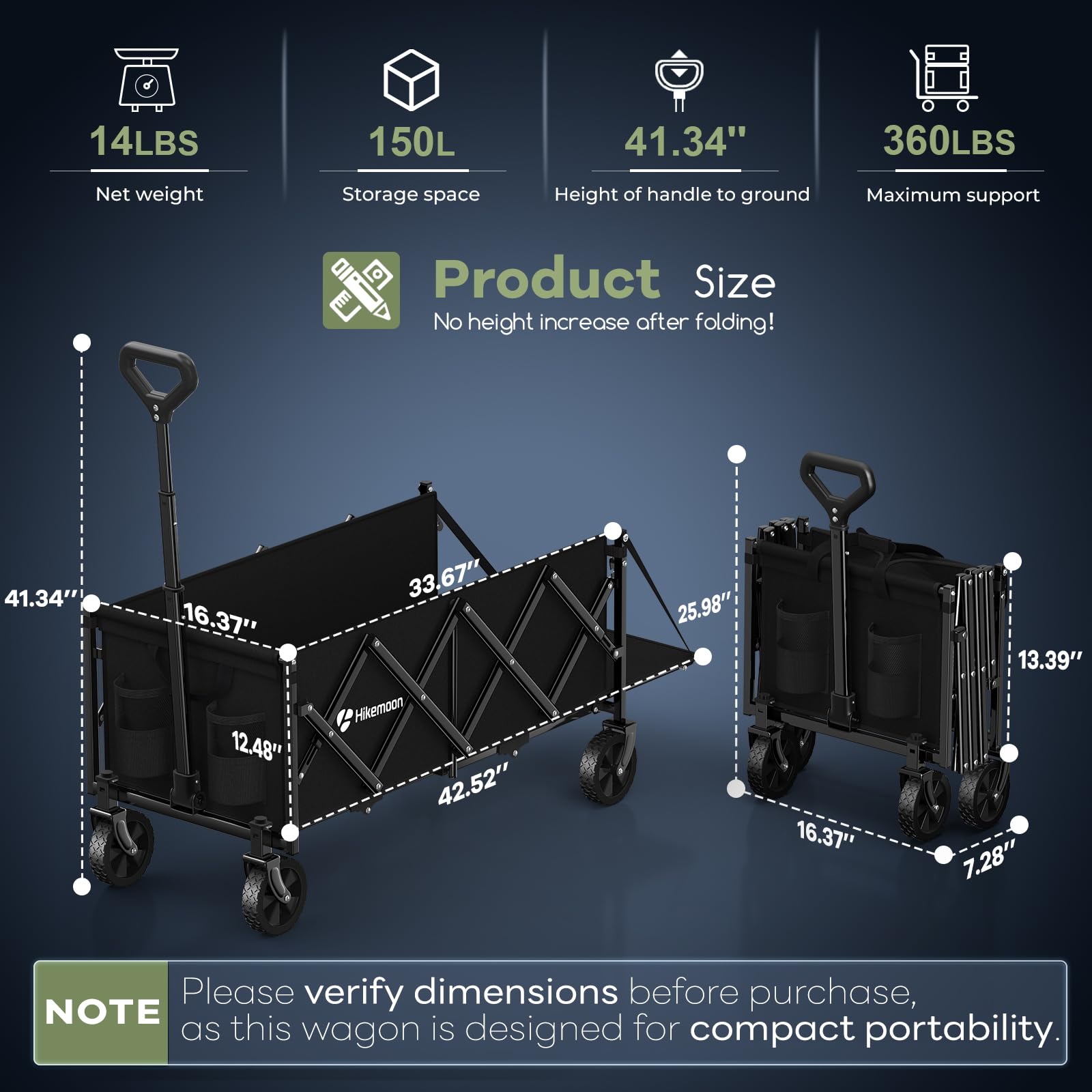 Hikemoon with adjustable handle up to 42 inches and 360° wheels.