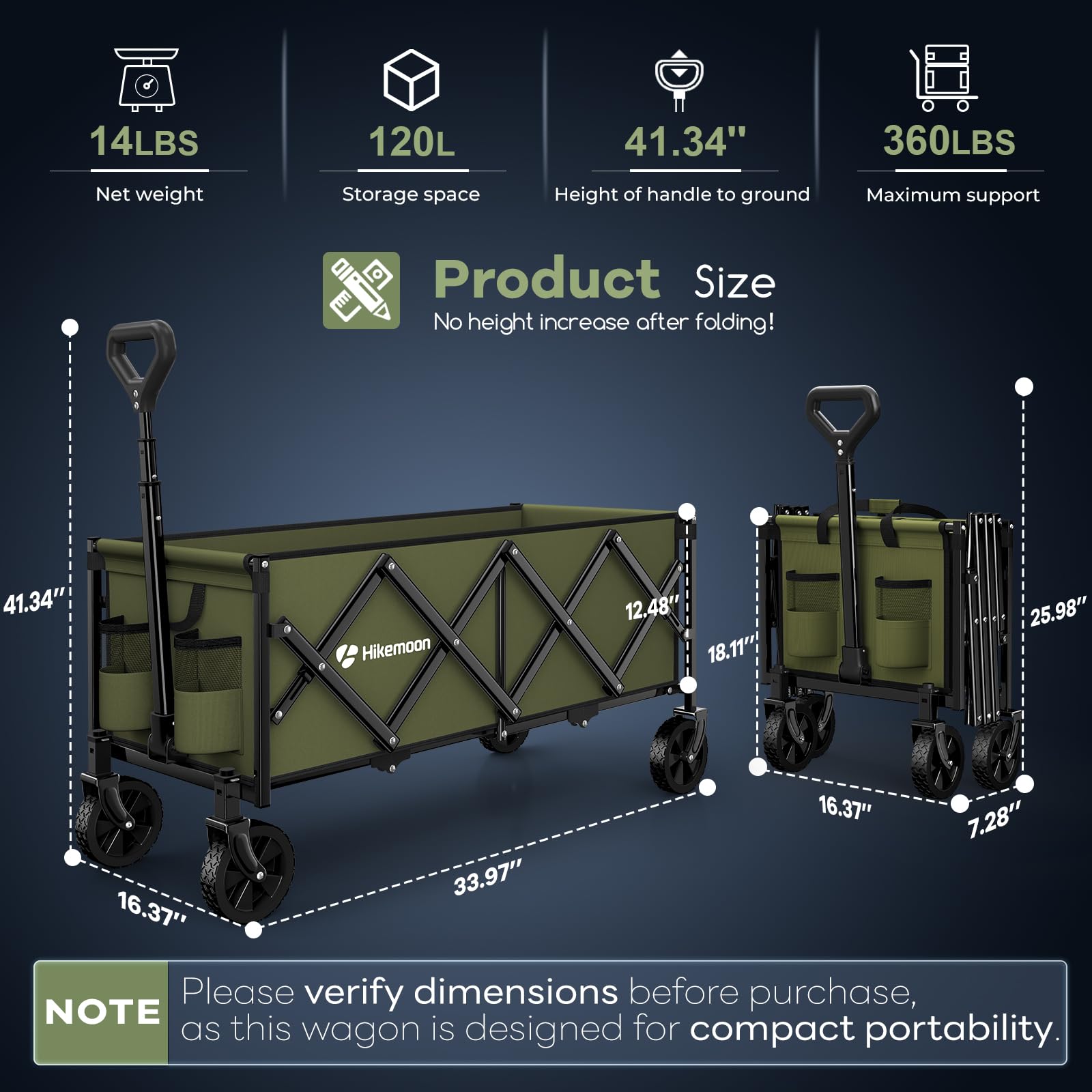 Hikemoon extended handle up to 42 inches for comfortable pulling