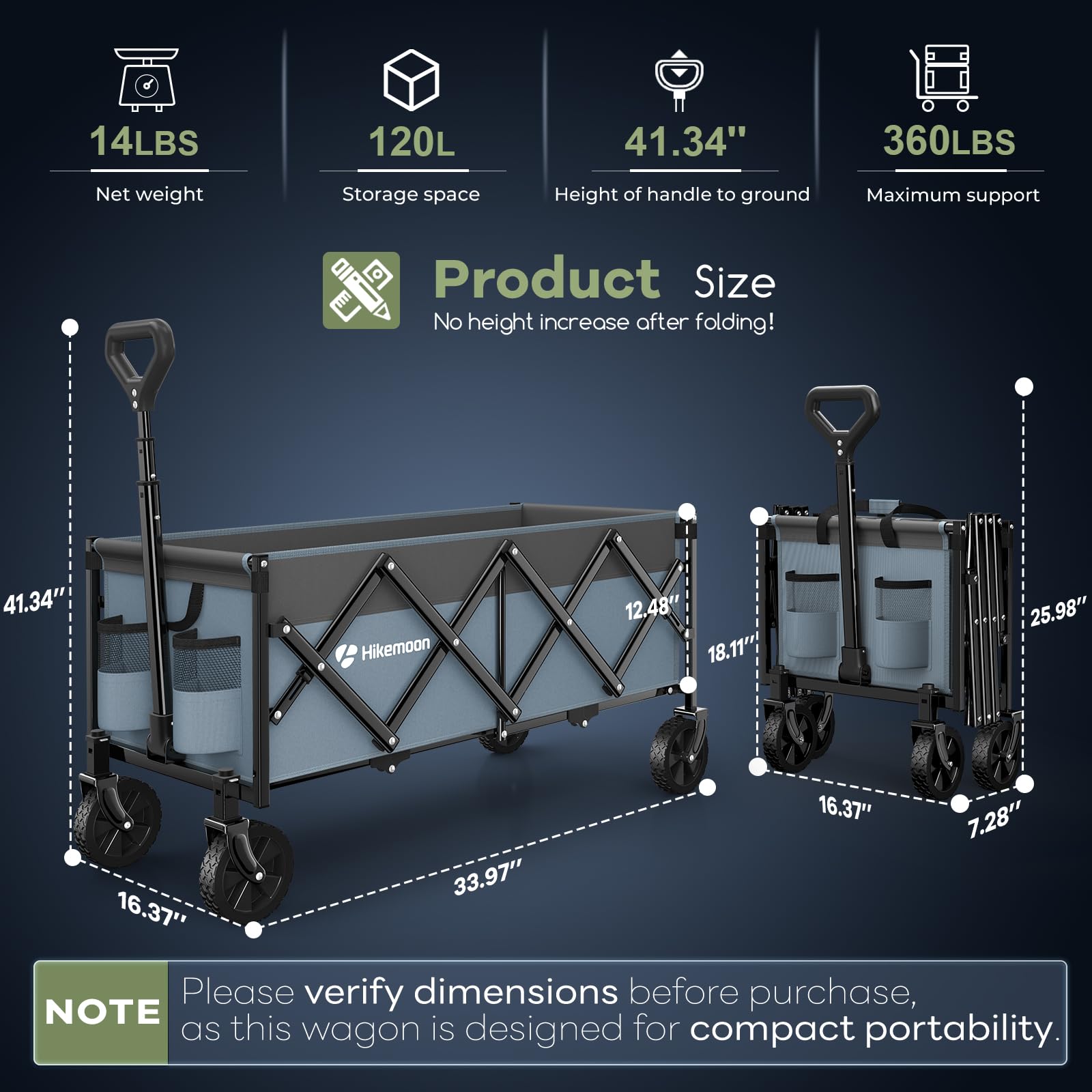 Hikemoon wagon shows heavy-duty metal frame supporting 360 lbs
