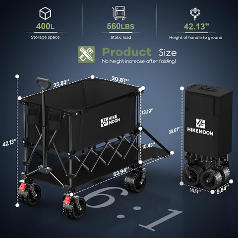 Hikemoon heavy-duty wagon supports up to 560 lbs for tough hauling.
