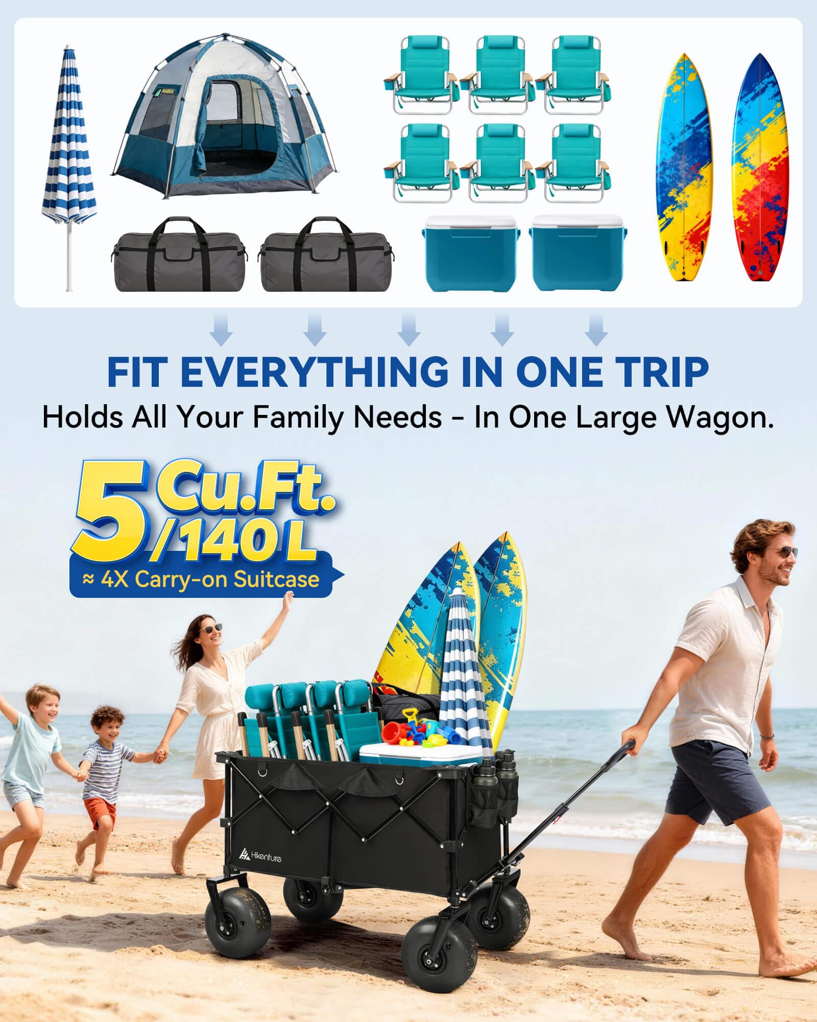 Hikenture wagon features a 360-degree rotating handle for precise steering