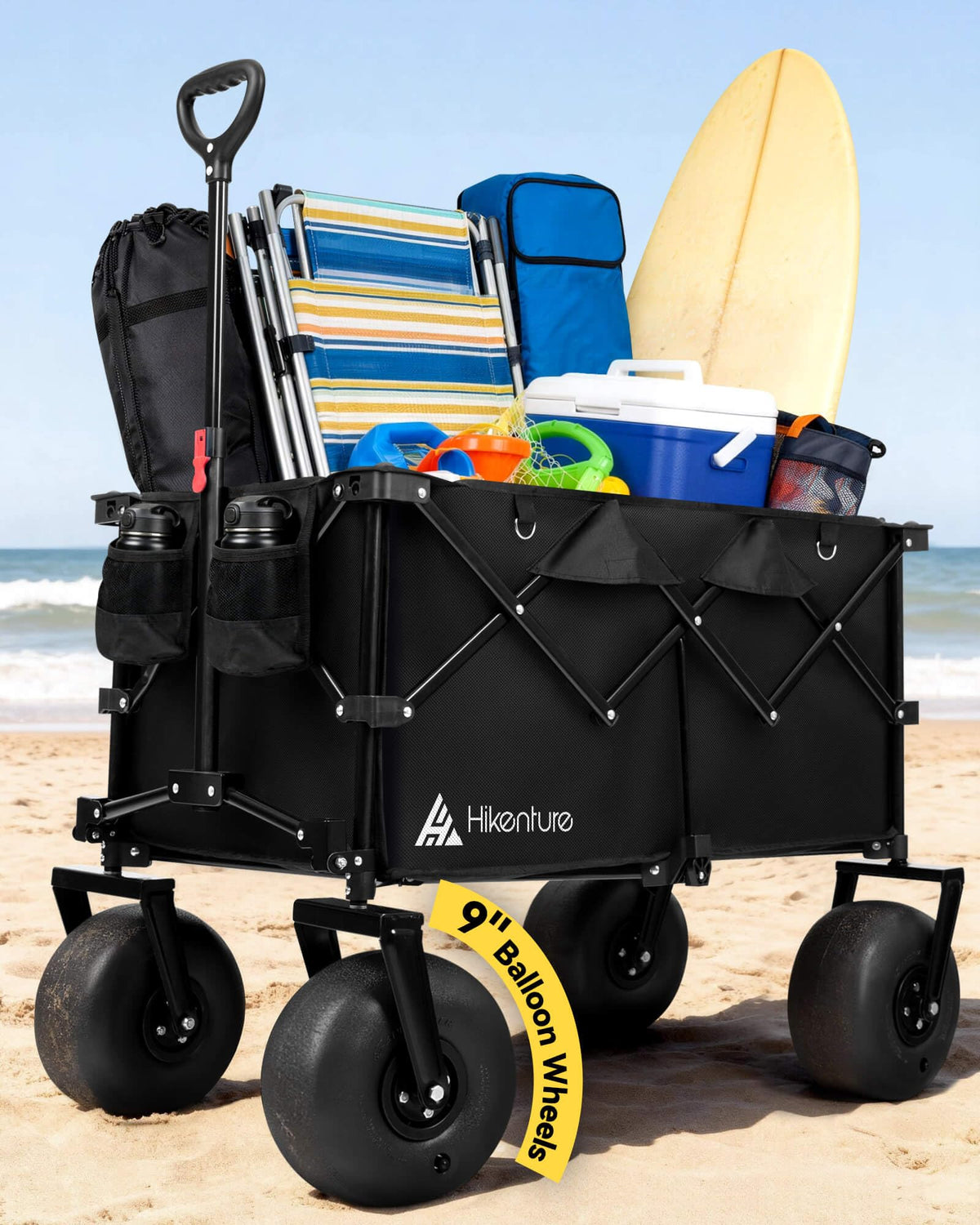 Hikenture Beach Wagon with 9-inch PU wheels gliding on sand for smooth transport
