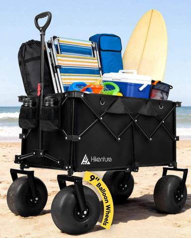 Hikenture Beach Wagon with 9-inch PU wheels gliding on sand for smooth transport