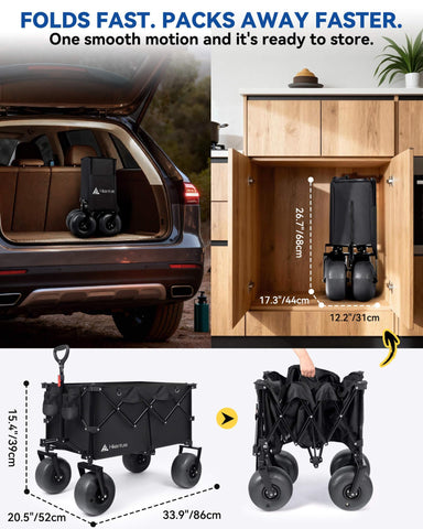 Hikenture wagon has four sand-drain holes to shed grit quickly
