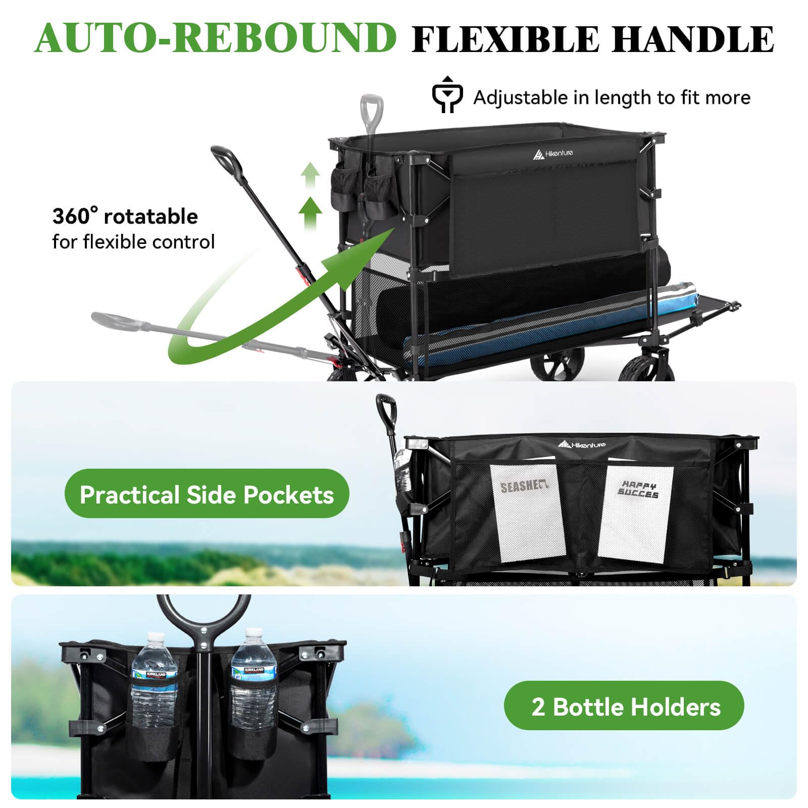 Hikenture built-in brakes and double bearings improve control on uneven terrain