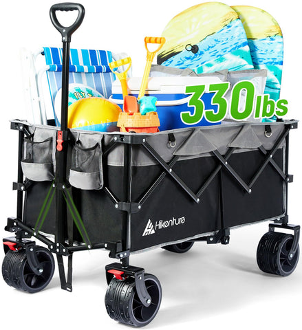 Hikenture collapsible wagon on a sunny beach showing large capacity for gear