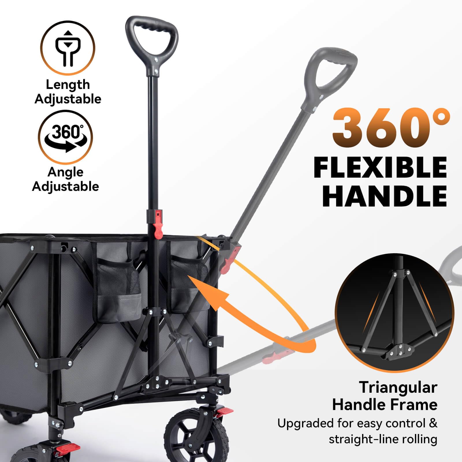 Hikenture front 360-degree wheels aiding steering across terrain.