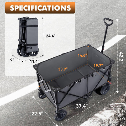 Hikenture ready-assembled wagon suitable for camping, beach, and markets.