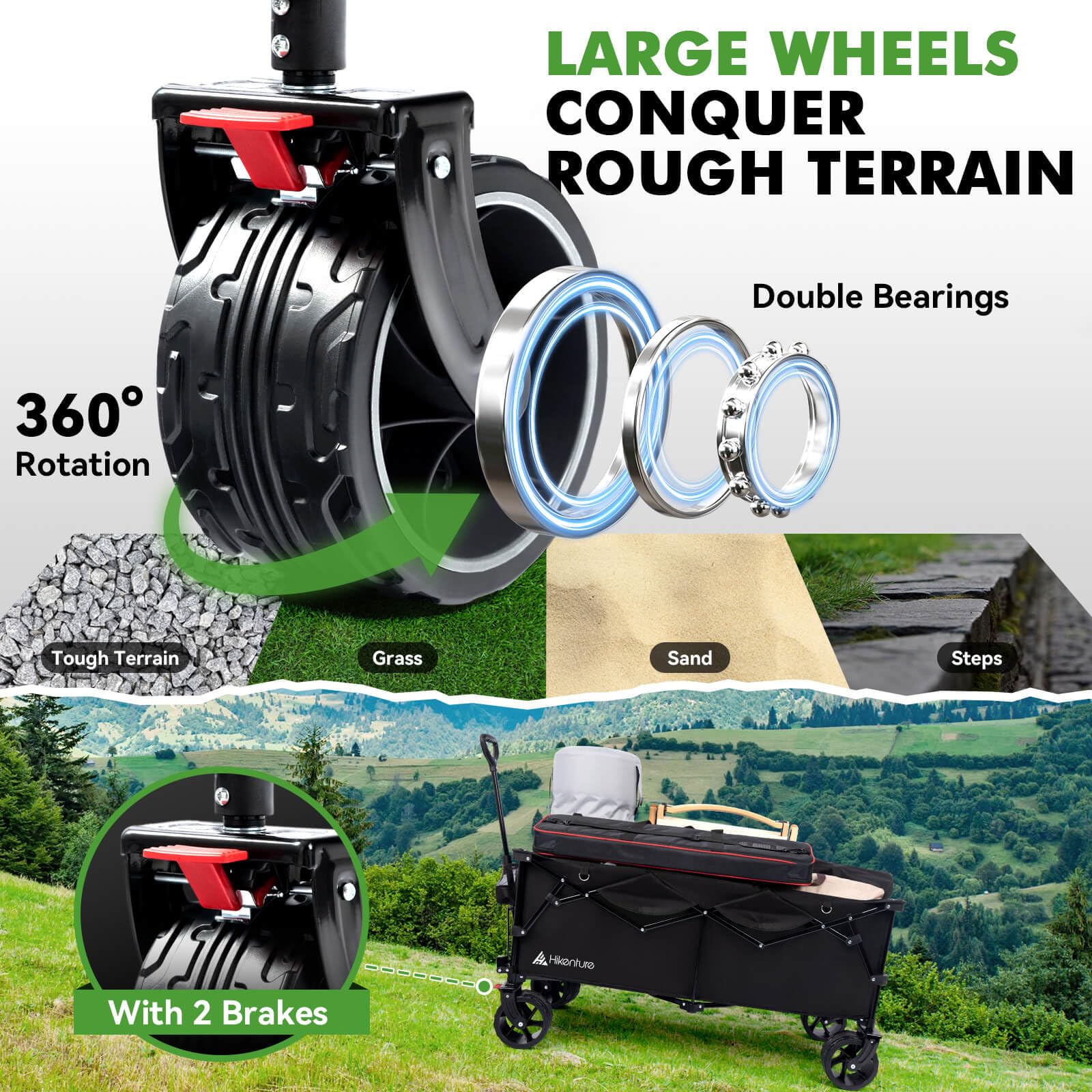 Hikenture wagon front-wheel brakes improve control on slopes