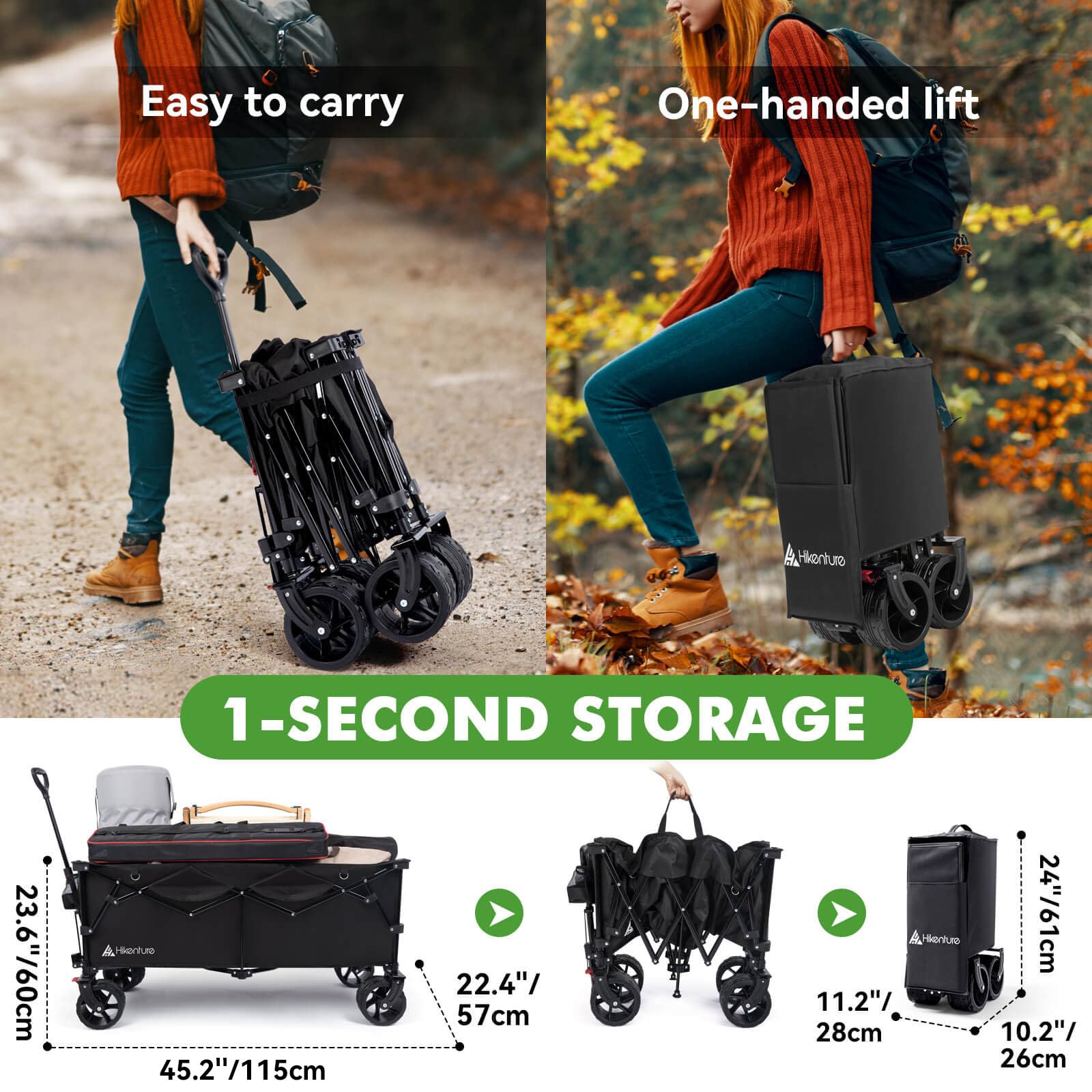 Hikenture wide all-terrain wheels handle sand, grass, and gravel