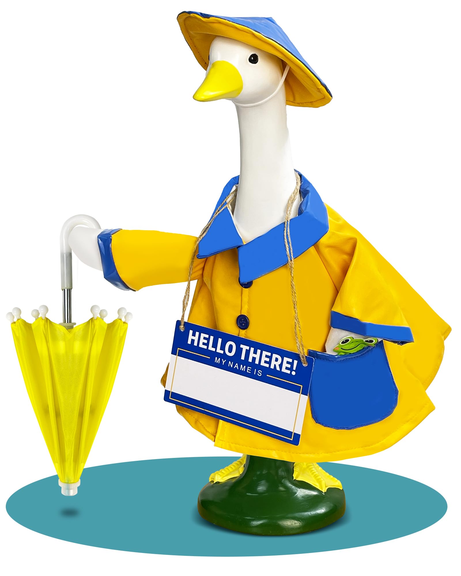 Hikkcos Porch Goose Outfit blue-yellow reversible hat adds playful style to display.