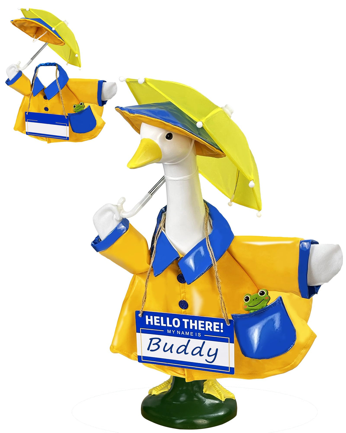 Hikkcos Porch Goose Outfit yellow raincoat on a 23-inch goose for seasonal yard charm.