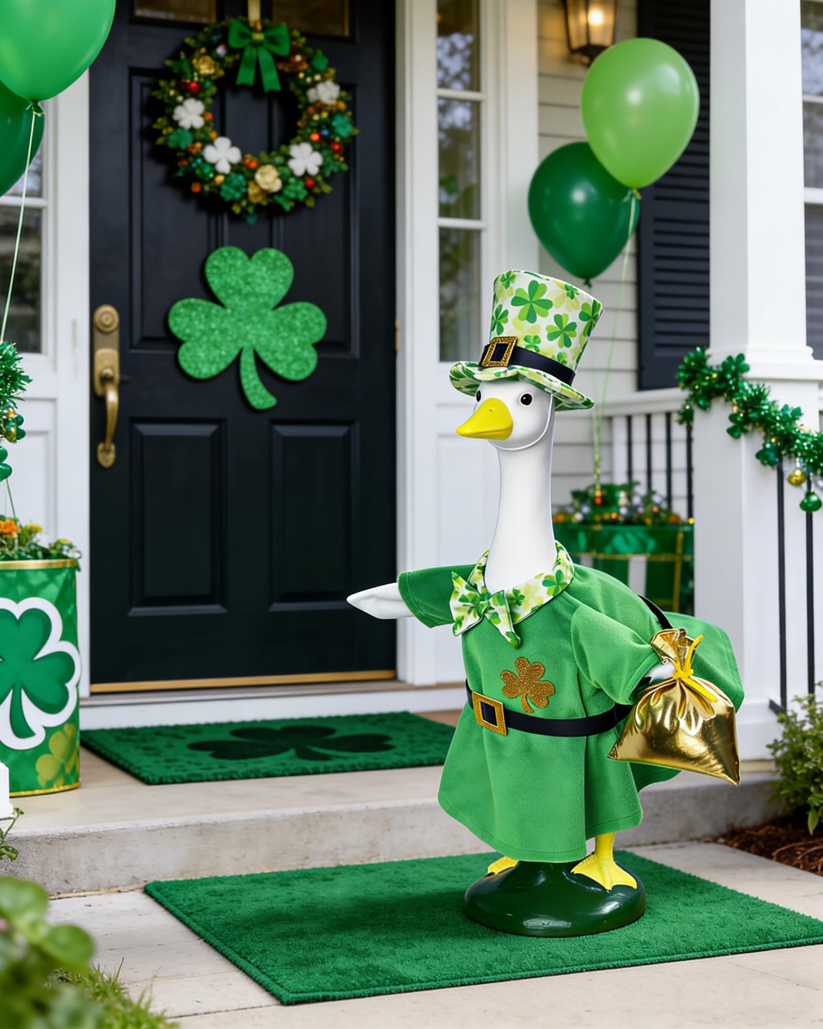 Hikkcos St. Patrick's Day goose outfit shown on a 23-inch goose for curb appeal.