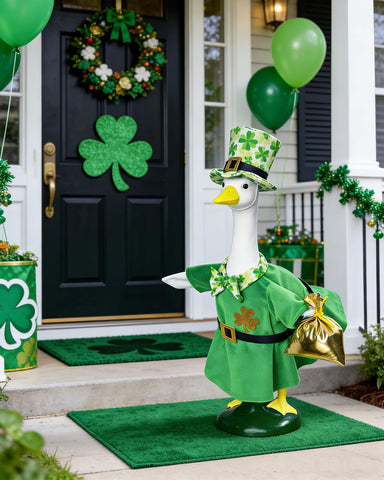 Hikkcos St. Patrick's Day goose outfit shown on a 23-inch goose for curb appeal.