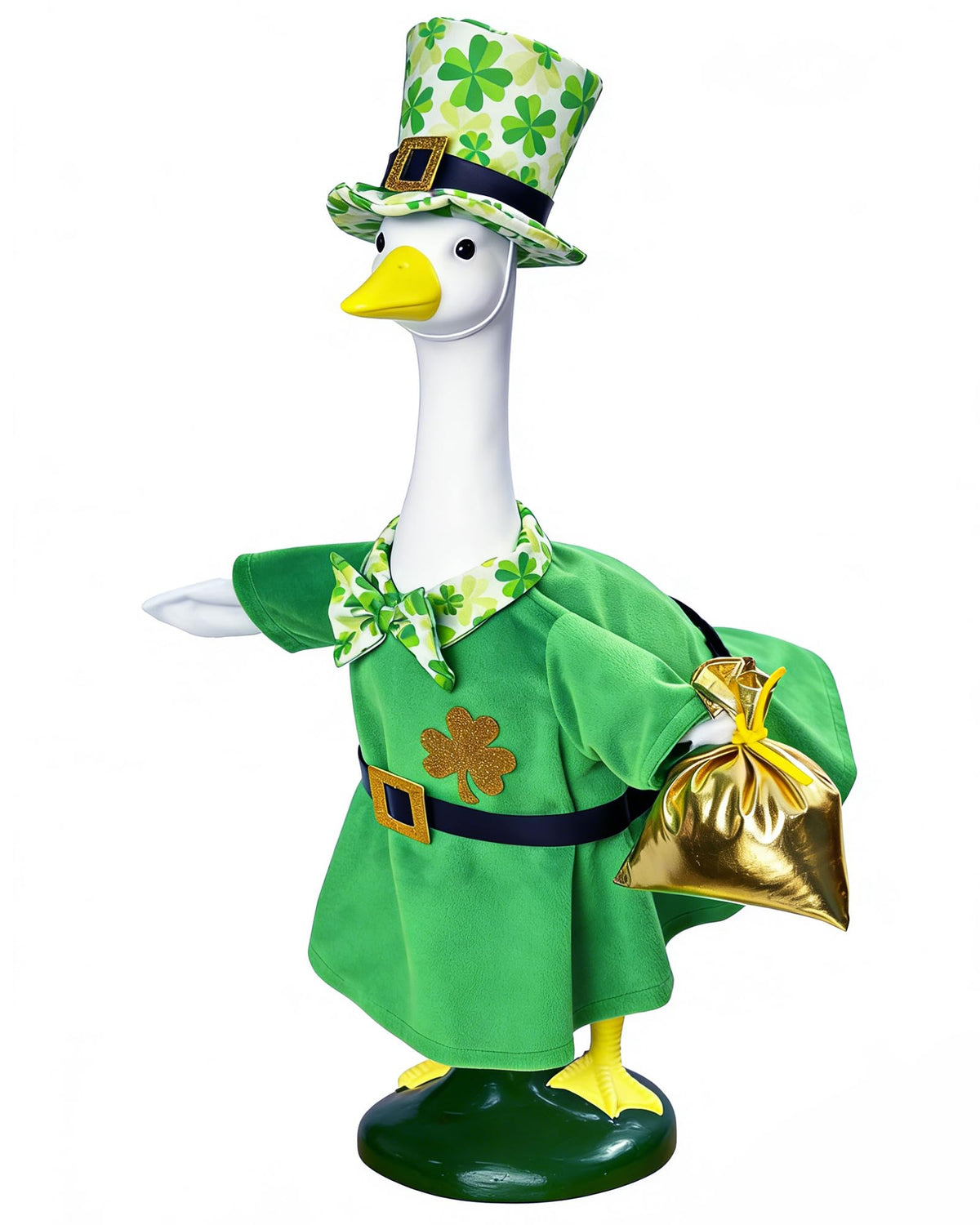 Hikkcos St. Patrick's Day goose outfit top hat adds festive flair to porch displays.