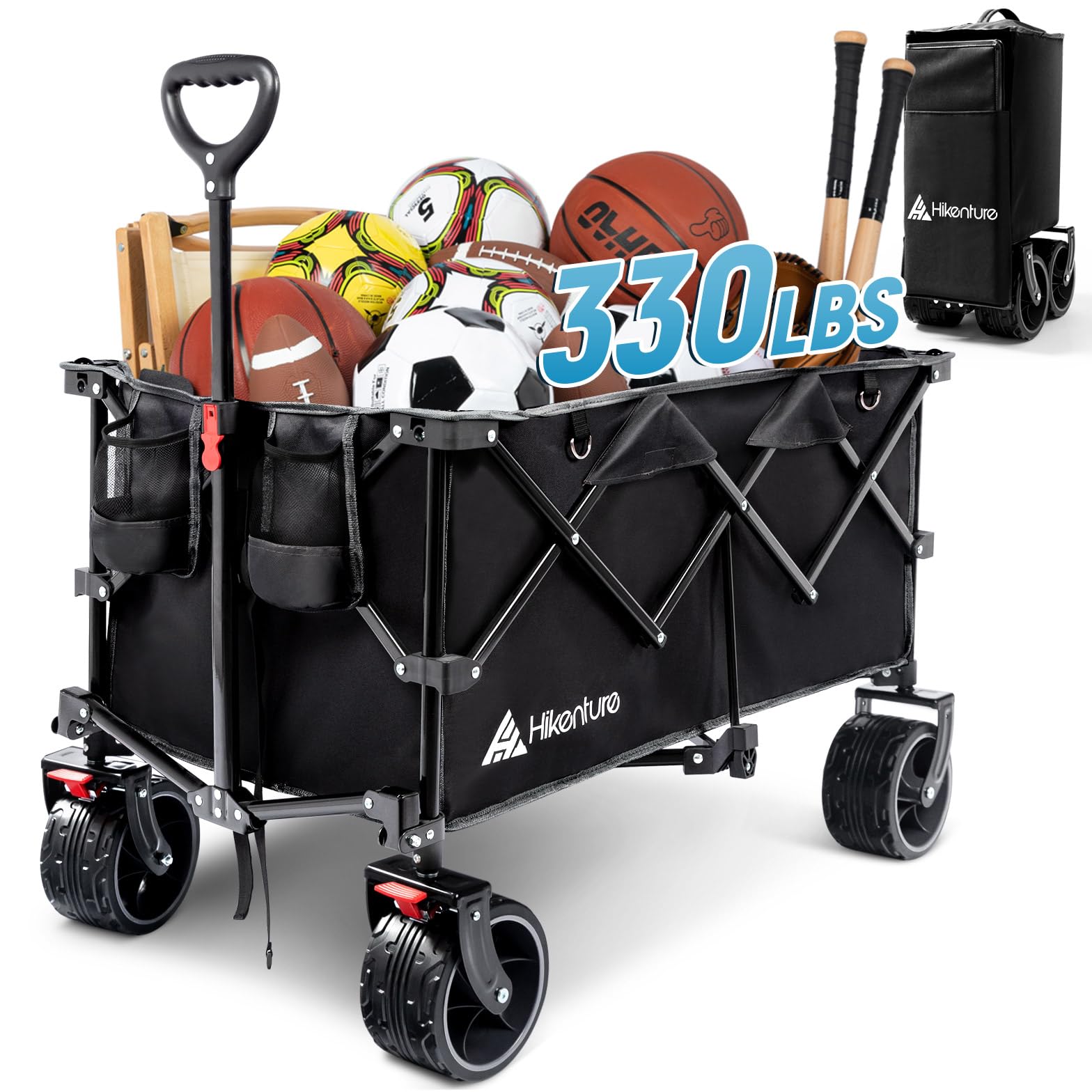 Hikenture collapsible wagon with large capacity for beach trips and gear transport on sandy shores.
