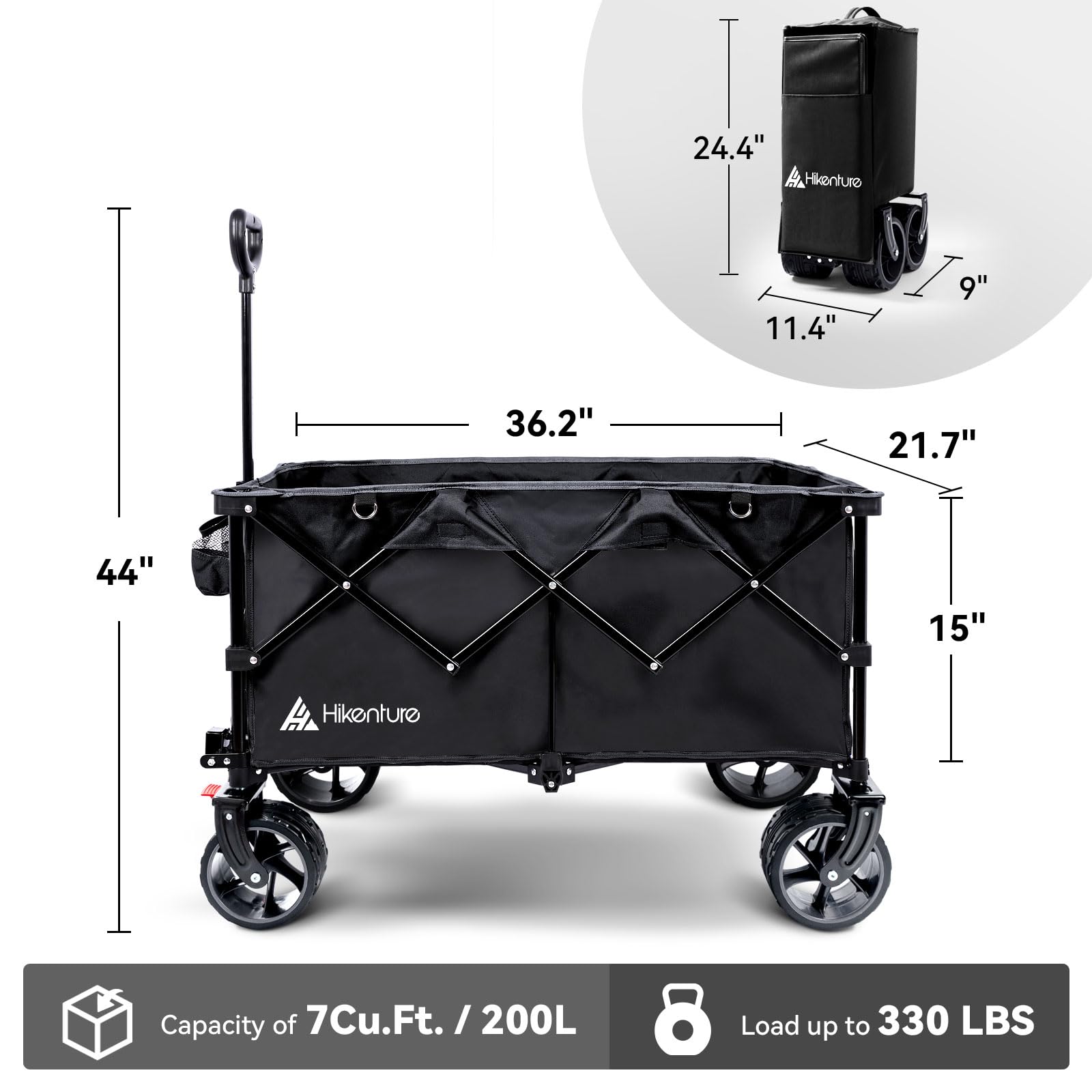 Hikenture wagon brakes enable controlled stops on slopes and uneven terrain.