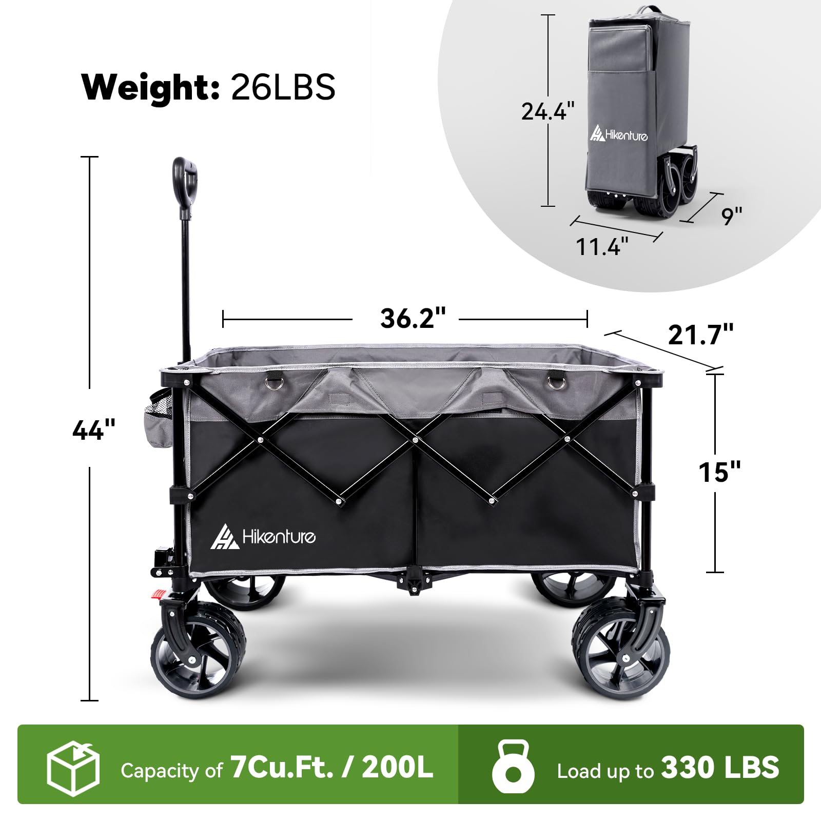 Hikenture wagon with brakes providing controlled maneuvering for safety