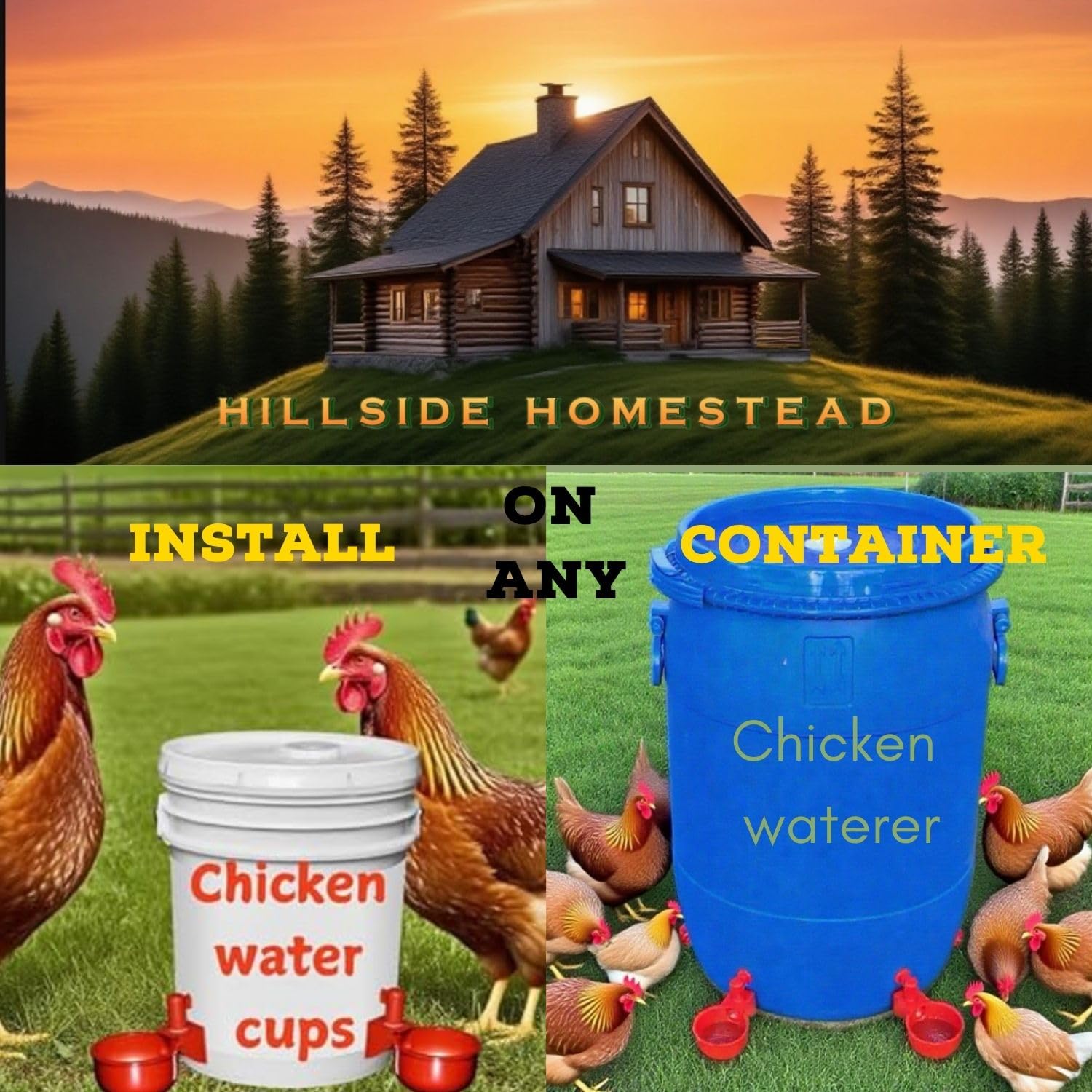 Hillside Homestead poultry cups suited for chickens, ducks, chicks, and other birds.