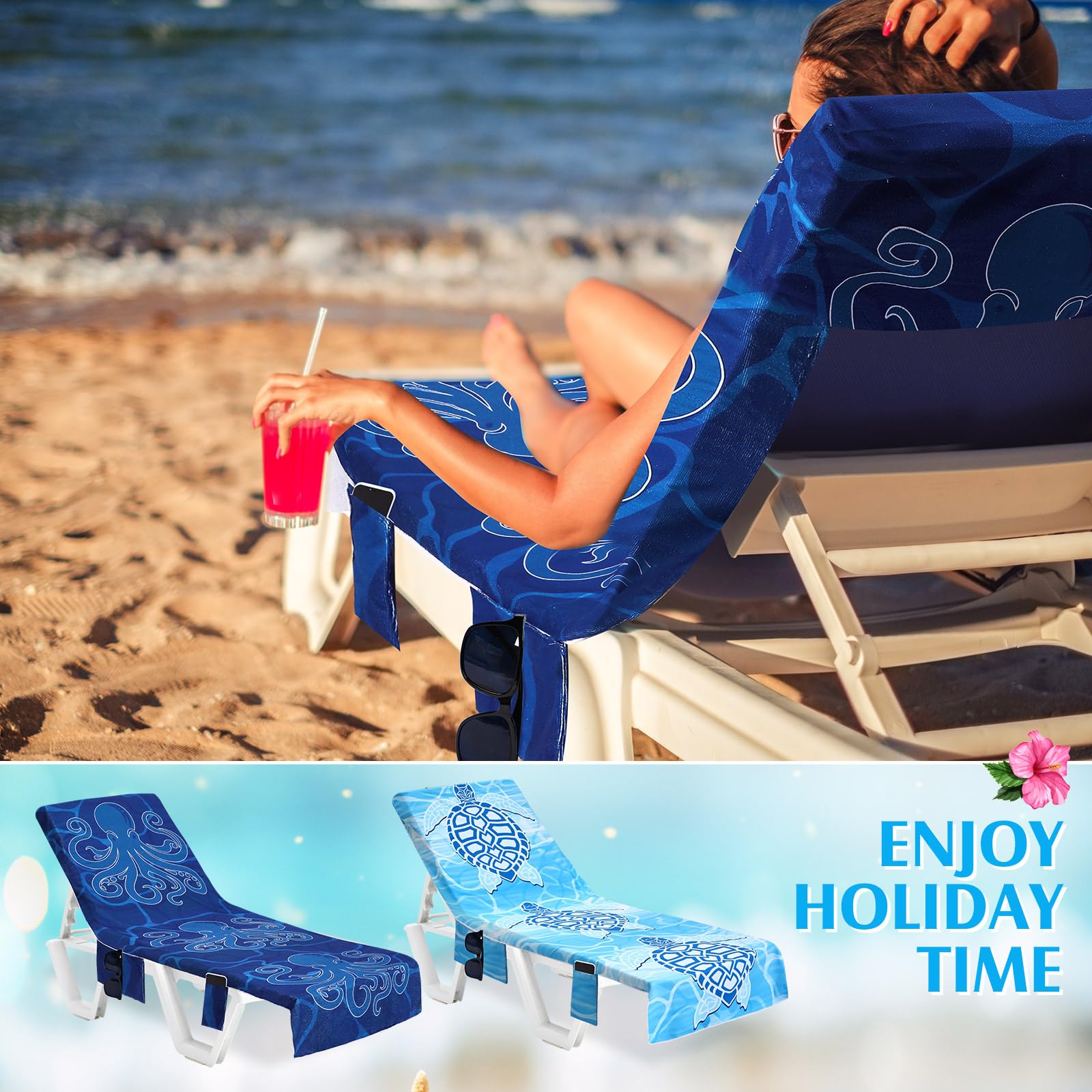 Hillsuren chaise lounge towel with elastic band ensures snug chair attachment.