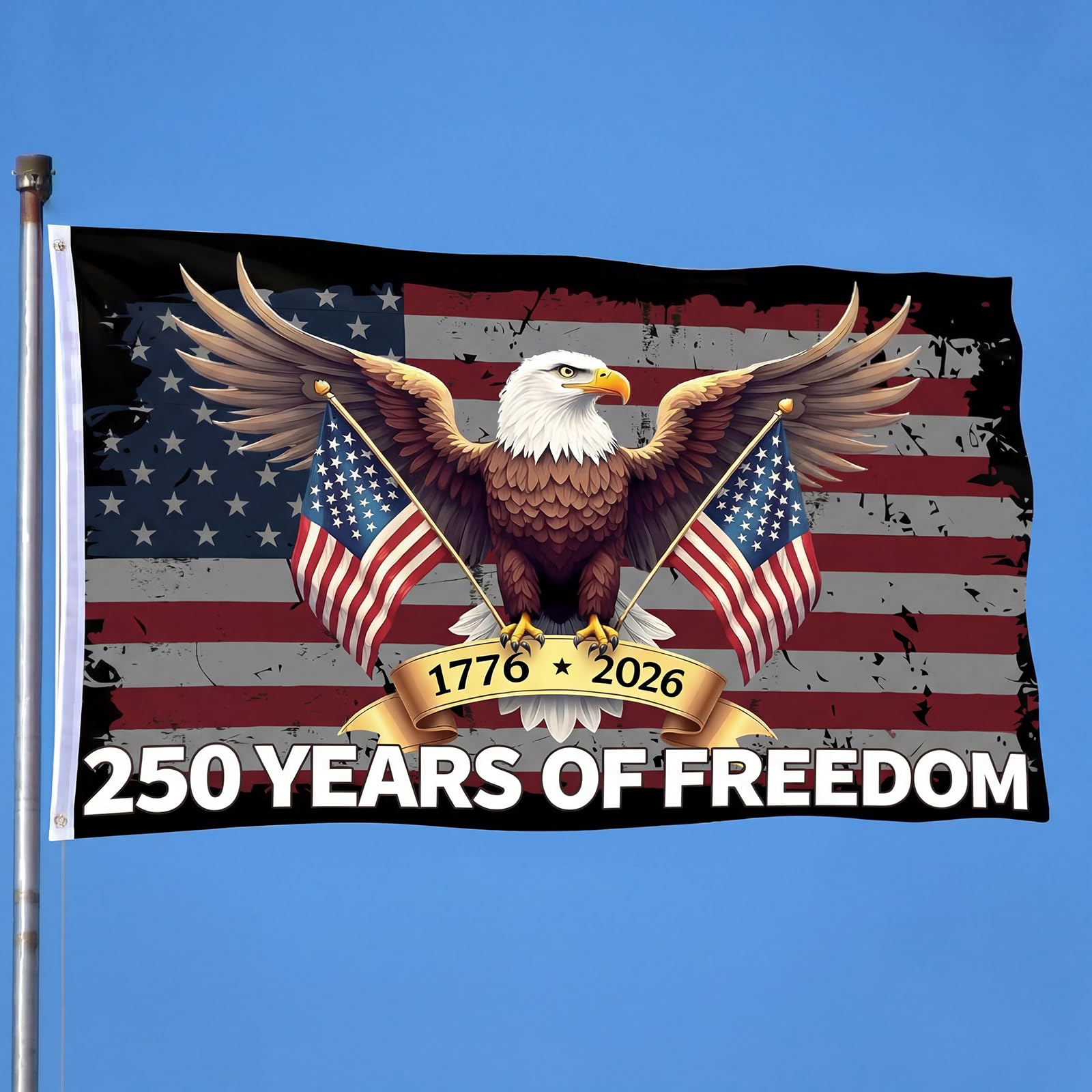 Hillsuren USA 250th Anniversary flag, double-sided, visible for outdoor patriotic displays.