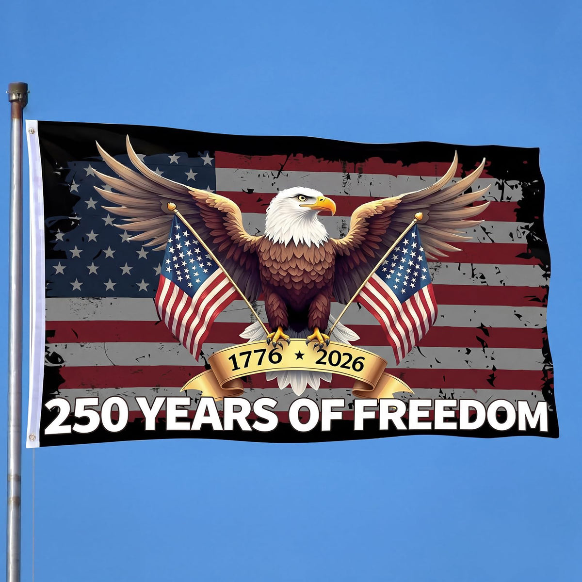 Hillsuren USA 250th Anniversary flag, double-sided, visible for outdoor patriotic displays.